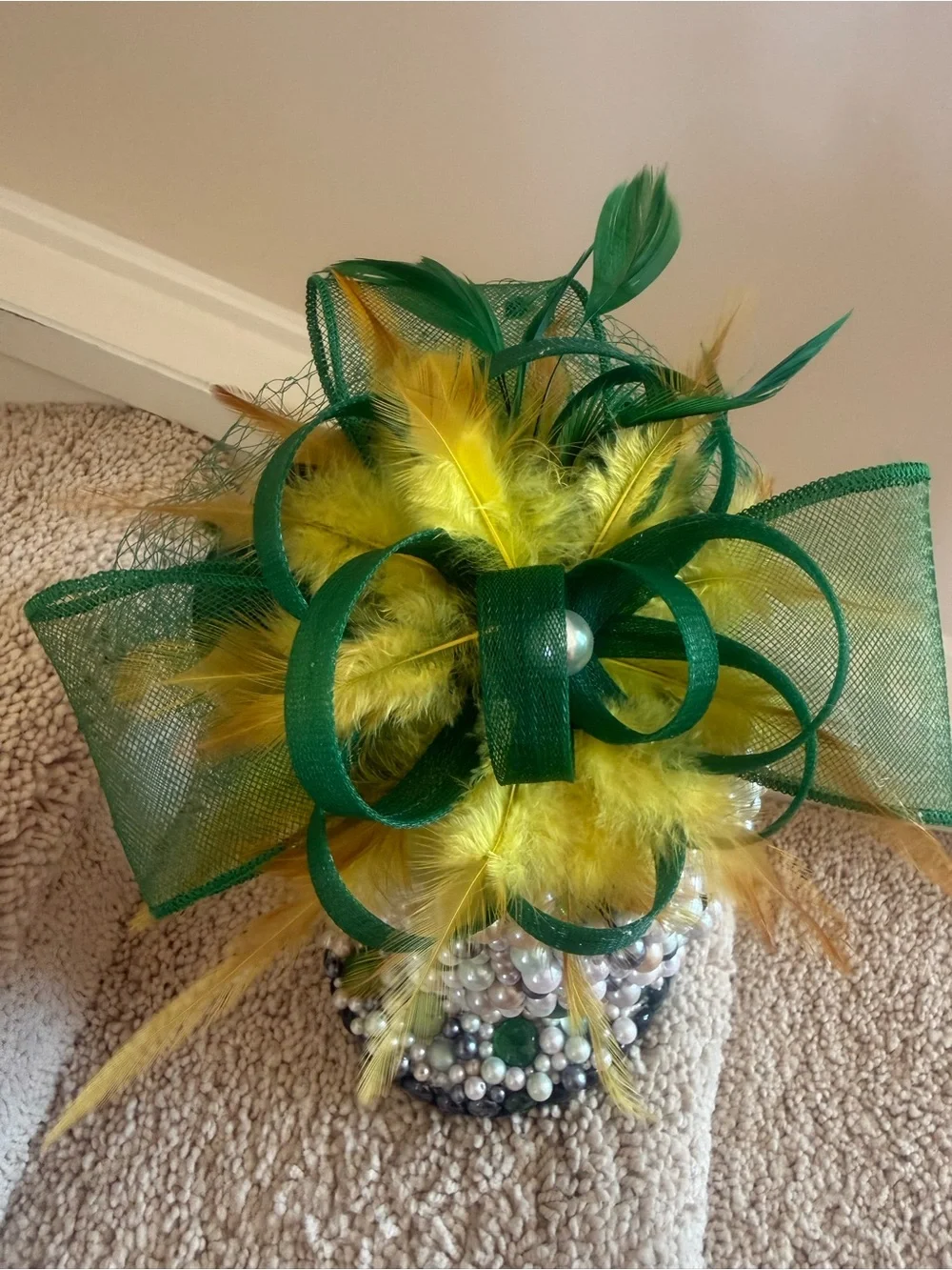 Green Feathered Veiled Pillbox Hat Fascinator